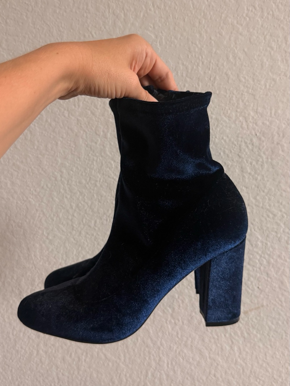 Velvet High Block Heel Ankle Boots - Navy